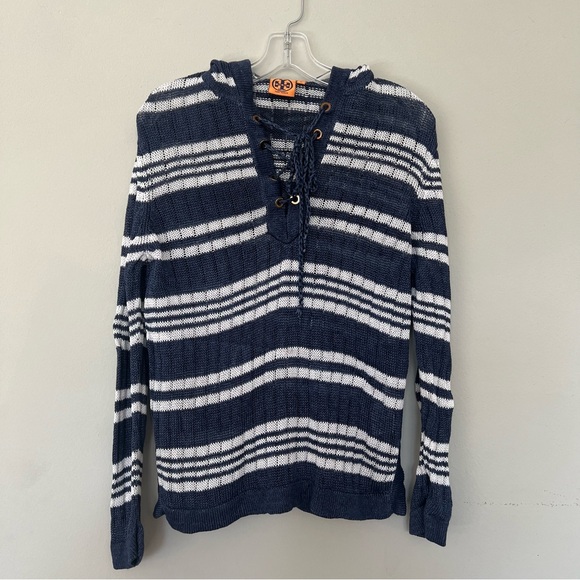 Tory Burch Stripe Linen Pullover Hooded Sweatshirt - Picture 1 of 8